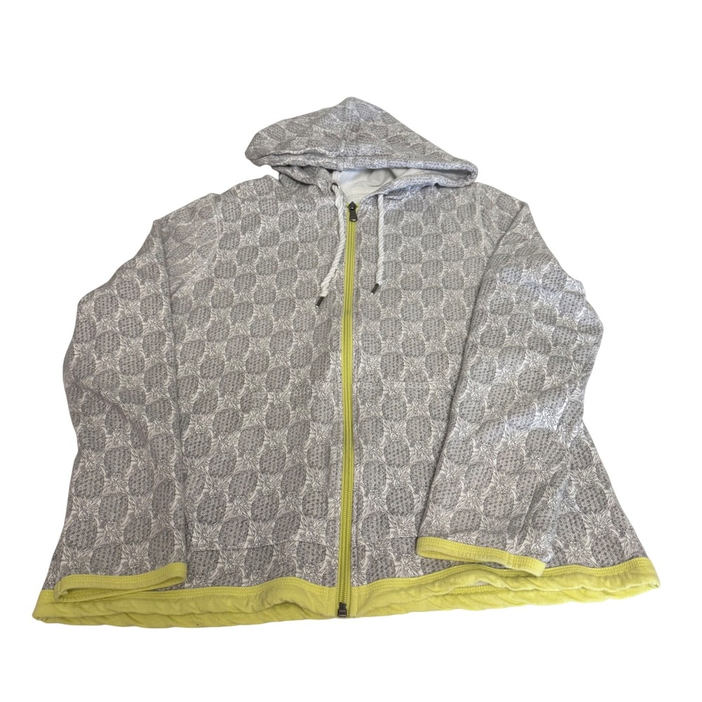 Talbots Womens Gray Pineapple Print Full Zip Hoodie Lime Green Trim Size Medium